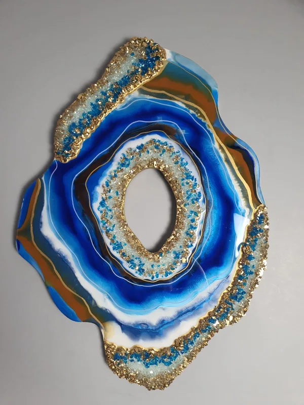 Mavi & Altın Amorf Agat Epoksi Jeot Pano (Geode Art)