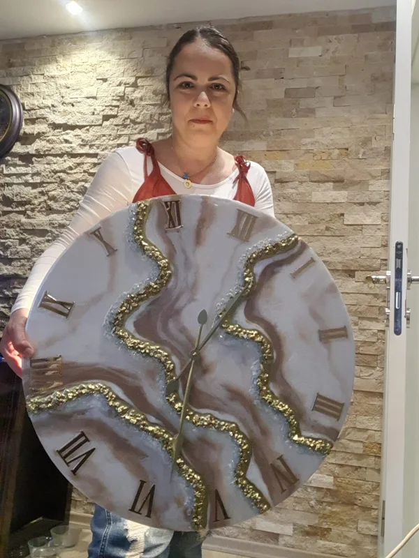 Krem & Kahve Agat Dokulu Epoksi Duvar Saati