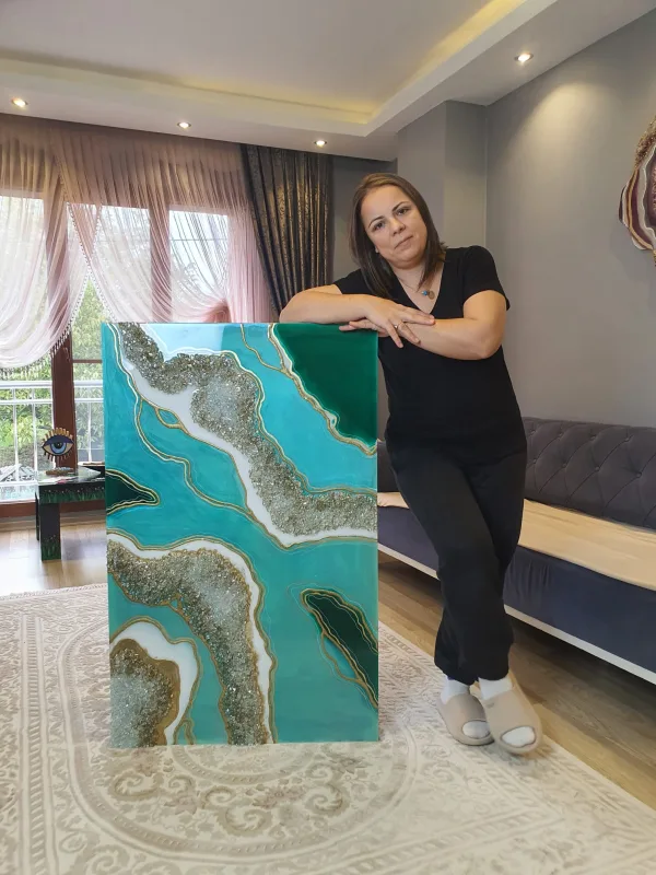 Turkuaz & Zümrüt Dokulu Kristal Epoksi Tablo