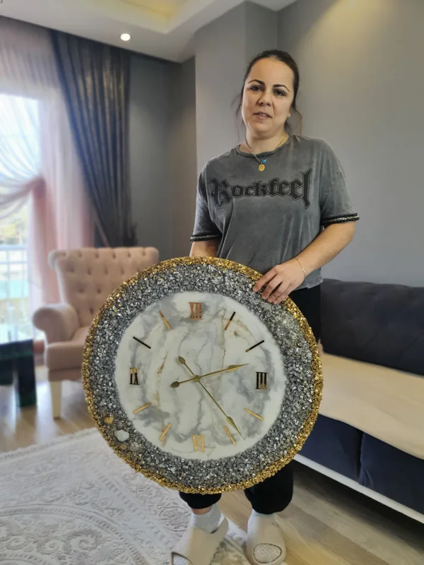Mermer Dokulu & Kristal Detaylı Epoksi Duvar Saati